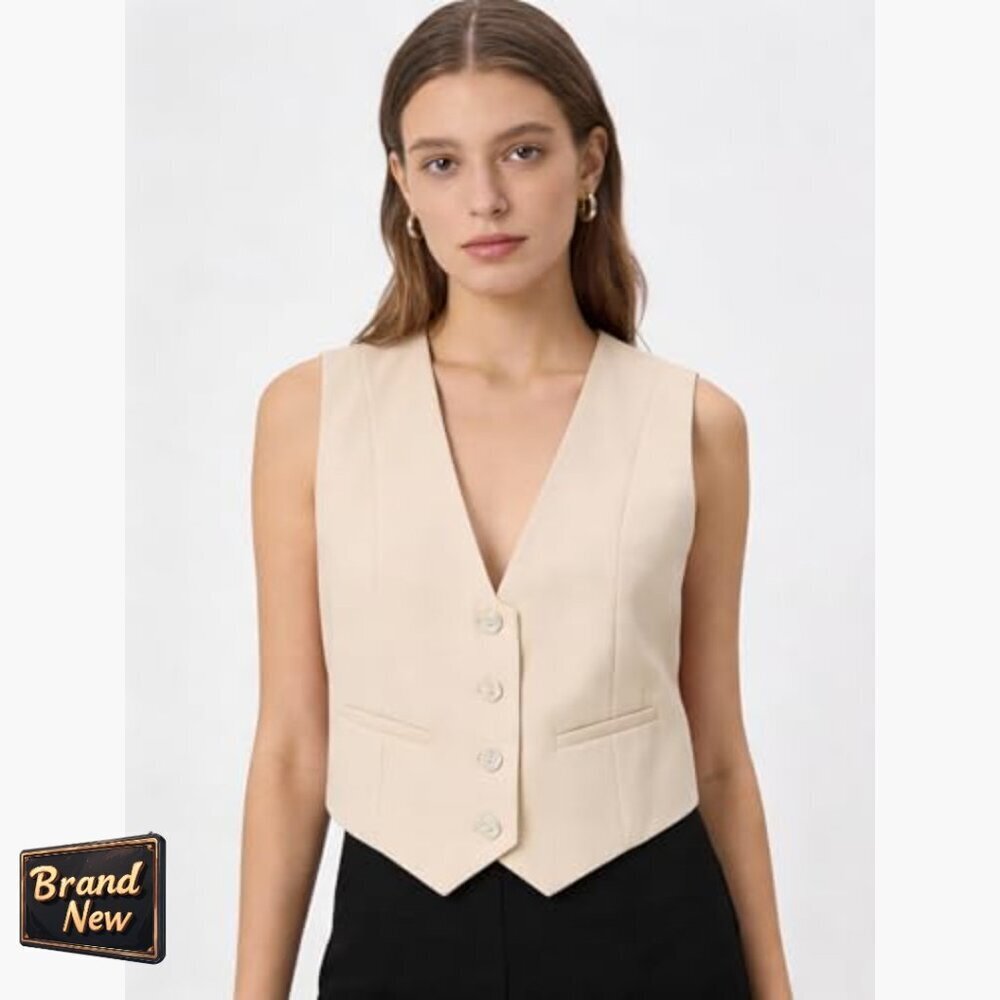 Cropped Suit Vest V-Neck Button Up Business Casual Waistcoat Blazer Top - Picture 2 of 7
